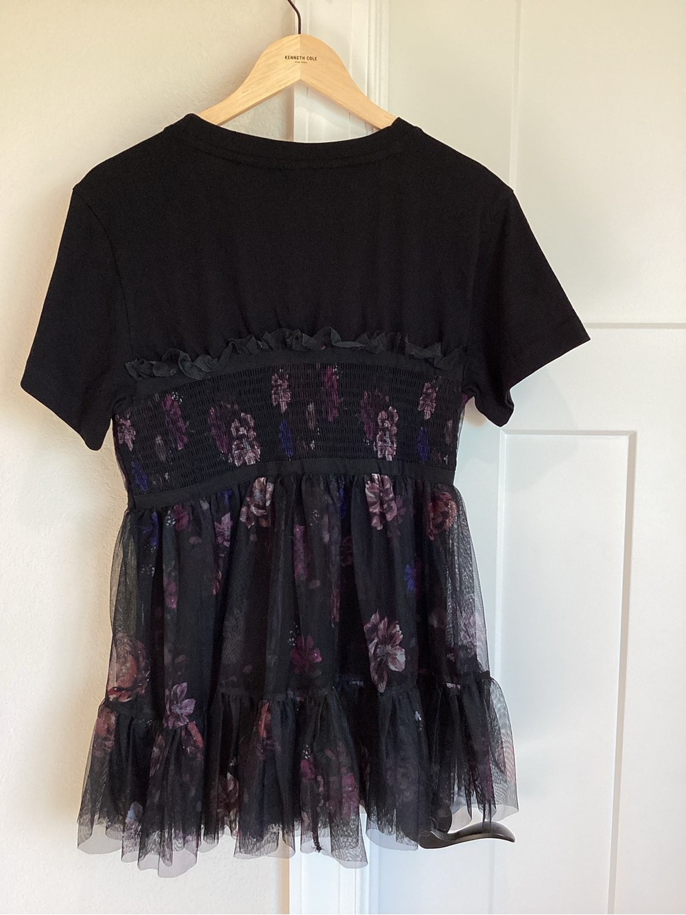 Anthropologie Tulle Short Sleeve Tee Tiered Bow New Medium Black Floral - Picture 10 of 13